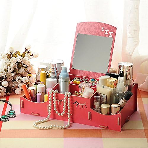 Saumota Removable Desktop DIY Wood Makeup Organizer Cosmetic Storage Containers With Mirorr-Red