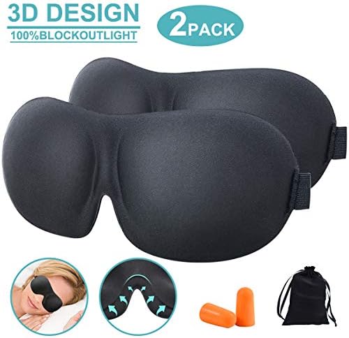 3D Sleep Eye Mask, 100% Blackout Sleeping Eye Mask Comfortable and Soft, Premium Sleeping Glasses with Ear Plugs and Carry Bag, Ideal for Men and Women Travel/Nap / Night (Pack of 2)