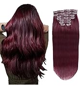 Hair Extensions Clip in Human Hair Burgundy Hair Extensions,18inch 20Clips in Extensions Human Ha...