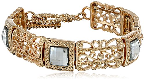 1928 Jewelry Jeweled Filigree Gold-Tone Crystal Square and Filigree Stretch Bracelet, 7