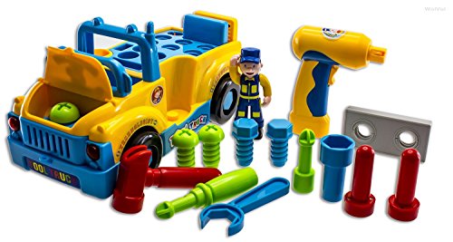 WolVol Truck Tools Toy Equipped with Electric Drill and Various Tools, Lights and Music, Bump and Go Action, will go by its own and change directions on contact