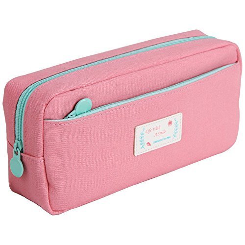 Samaz Large Capacity Canvas Pen Pencil Case Stationery Pouch Bag Case Cosmetic Bags (Pink)