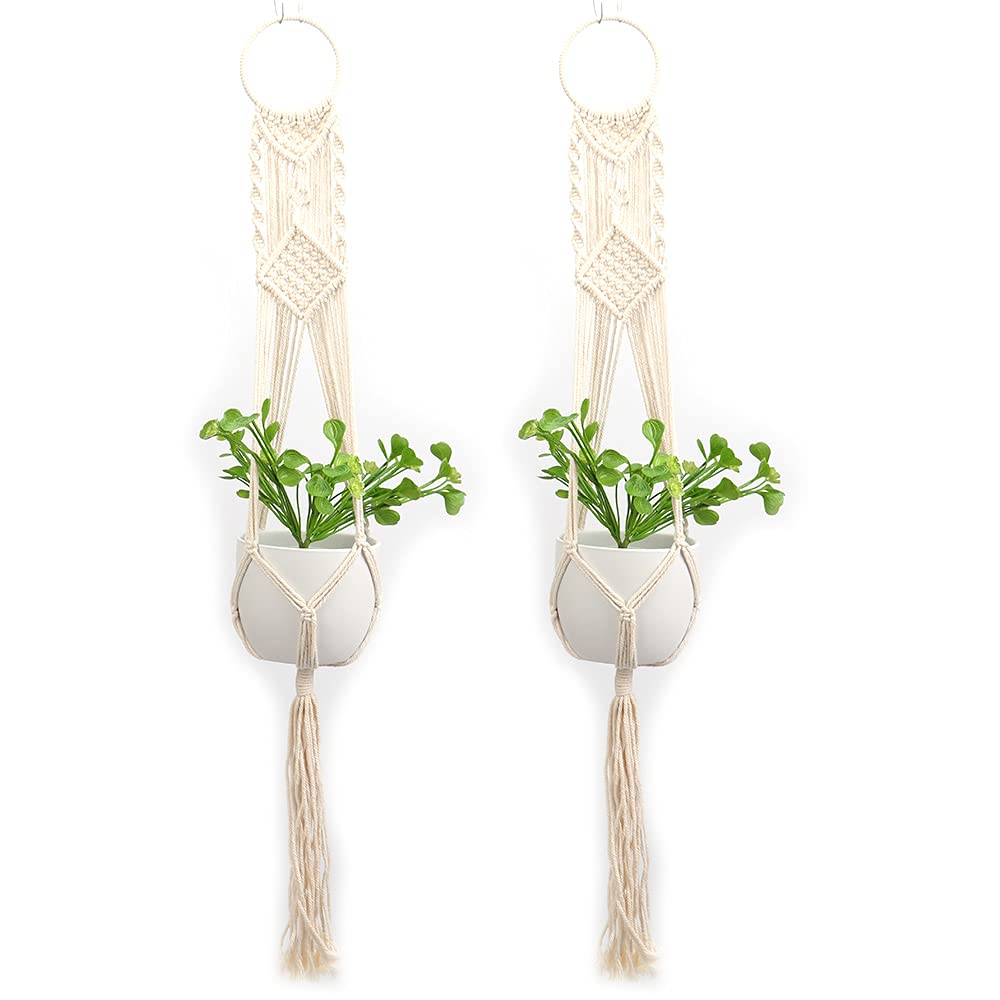 Tiardey 2 Pcs DIY woven cotton rope flower pot Hanger, Handmade Plant Holder for Gift Round & Square Pots Indoor and outdoor hanging basket-Large ring