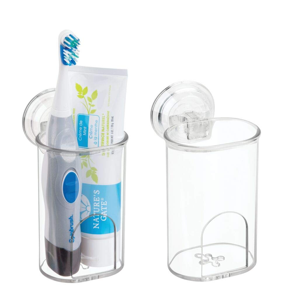 Photo 1 of mDesign Compact Plastic Suction Storage Center for Bathroom Organization of Toothbrushes, Electric Toothbrushes, Razors - 2 Pack - Clear
