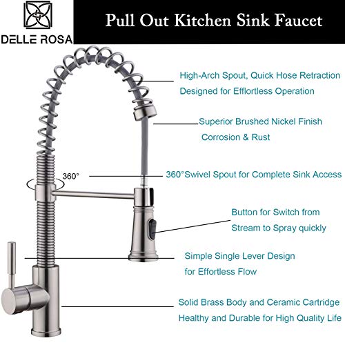 Pre-rinse Spring Kitchen Faucet with Pull Down Sprayer Delle Rosa Durable and Sturdy Single Handle Brushed Nickel Kitchen Sink Faucet