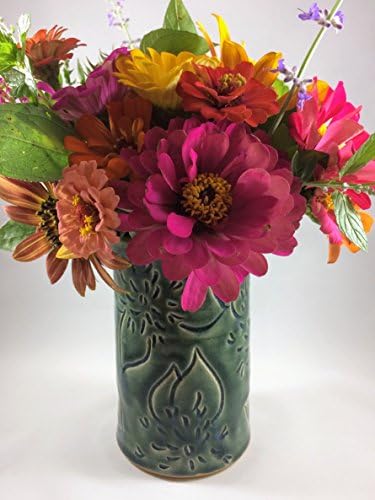 Ceramic Vase with Dahlia Carving in Teal