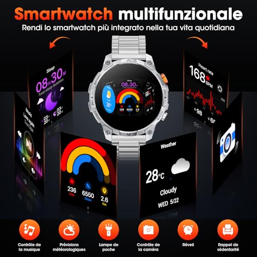 Orologio Uomo Militare, 1000 mAh Batteria Smartwatch, Due Cinturini, Schermo HD 1,75", Torcia LED, 100＋ Modalità Sportive, Monitoraggio della Salute, Chiamate Bluetooth per iOS Android (Argento)