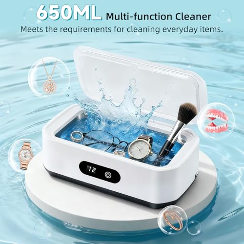 Limpiador Ultrasónico, Máquina de Limpieza Ultrasonidos 650 ml 45 kHz con 5 Modos de Tiempo y Pantalla Digital, Ultrasonic Cleaner para Gafas, Joyas y Relojes