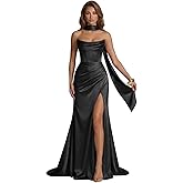 Weinaze Women's Strapless Prom Dress 2026 with Scarf Long Mermaid Formal Gowns Satin Pleated Evening Dresses with Slit