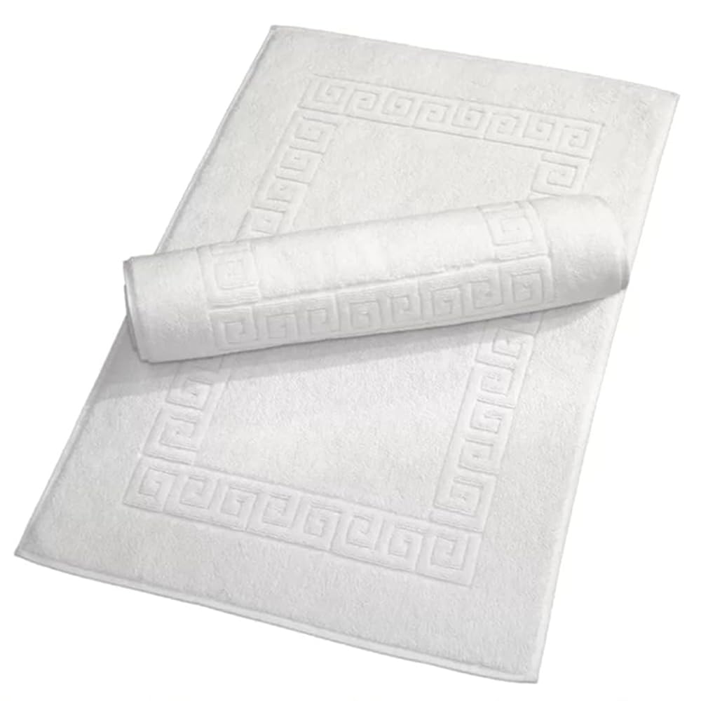 Makooz 2 Cotton Bath Mats - Classic Greek Key Pattern 750 GSM - Not Bathroom Rug - Ultra Soft Touch, Water Absorbent, Quick Drying Plush Tub Shower Bathroom Floor Foot Towel - White 50x75 CM