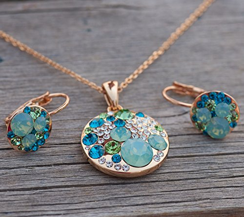 [Presented by Miss New York] Leafael "Ocean Bubble" Made with Swarovski Crystals Green & Opal Color Pendant Necklace Earrings Jewelry Set, 18K Rose Gold Plated, 18" + 2", Nickel/Lead Free, Gift Box - Thumbnail 2