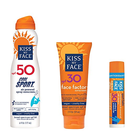Kiss My Face Signature Sun Bundles - Cool Sport Sunscreen spf50 Sunblock, 6 ounce, Face Factor Sunscreen spf30 Sunblock, 2 ounce, and Sport Lip Balm Sunscreen spf30 Sunblock, .15 ounce