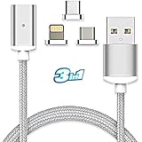 Magnetic Charging Cable by Tiamat [Grey 3.3ft / 1m] – Lightning, Micro USB, Type C 3 in 1 for iPhone and Android Phones (Silver)