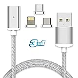 Magnetic Charging Cable by Tiamat [Grey 3.3ft / 1m] – Lightning, Micro USB, Type C 3 in 1 for iPhone and Android Phones (Silver)