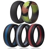 Saco Band Silicone Wedding Rings - Middle Line & Plain (Middle Line Blue Red Gray, Solid Black, Camo, 8.5 - 9 (18.9mm))