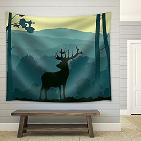 Horizontal Abstract Banners of Wild Animals (Deer, Wolf) in Hills of Forest with Trunks of Trees in Green Tone. - Fabric Wall Tapestry Home Decor - 51x60 inches