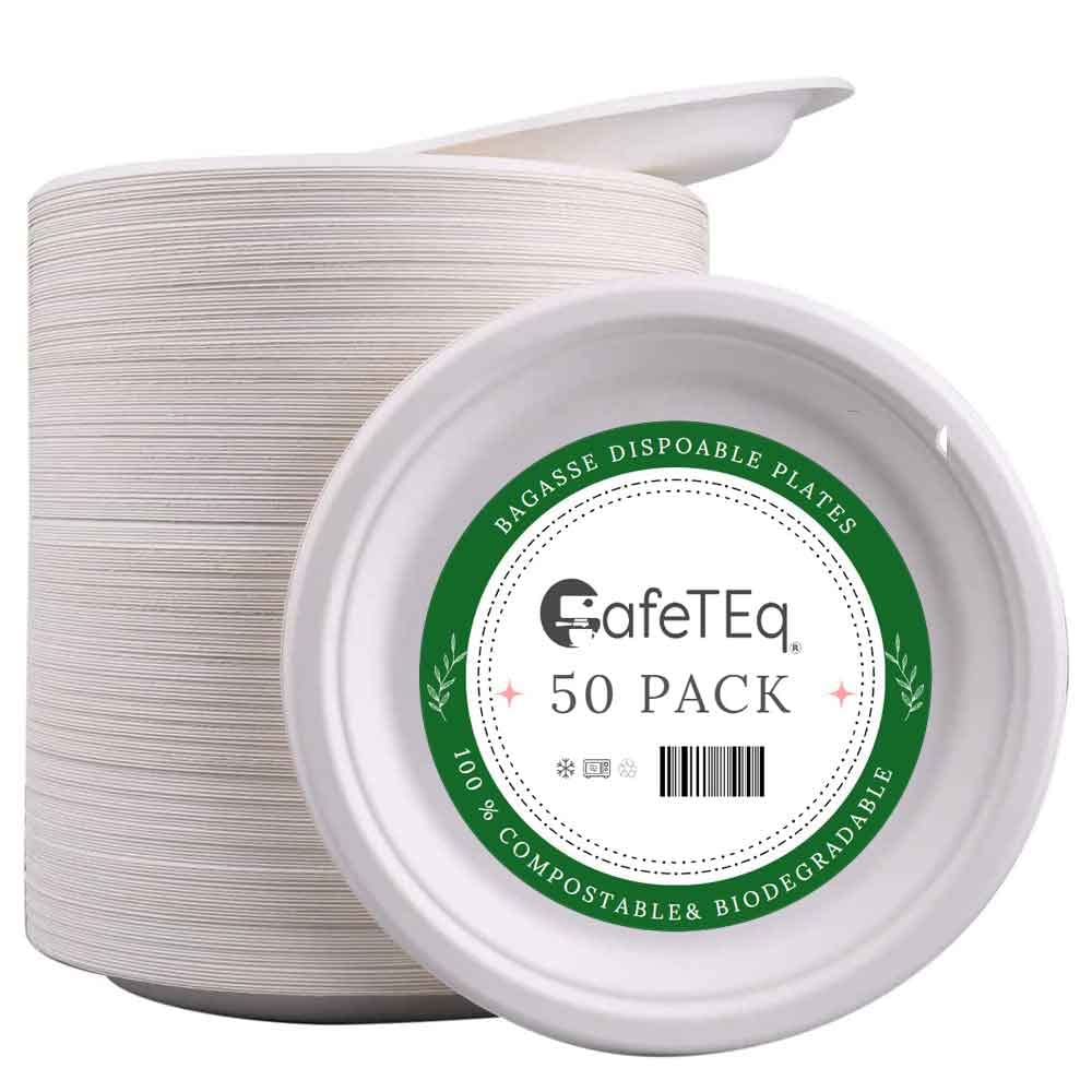 CafeTEq Bagasse Heavy-Duty White Round Plates Super Rigid Disposable Eco Plate Biodegradable & Compostable Perfect for Parties (10" Plates x 50pcs)