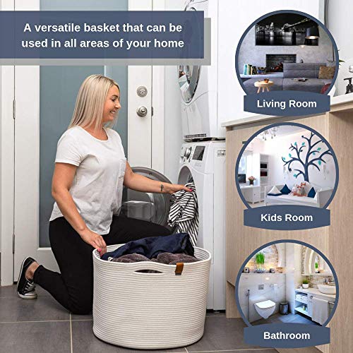 DENJA & CO Extra Large Blanket Basket for Living Room White Farmhouse