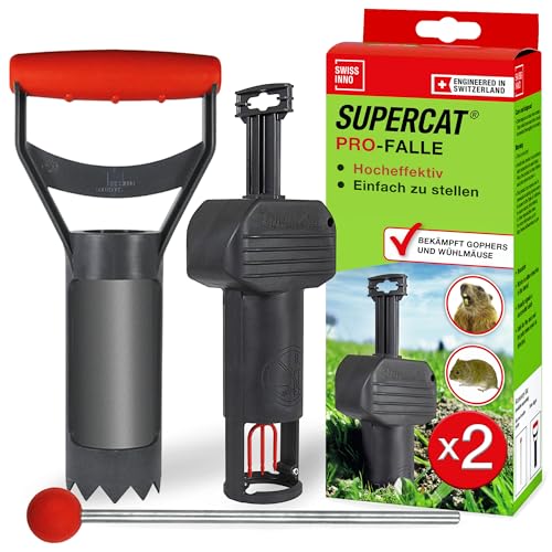 SWISSINNO Wühlmausfalle PRO SuperCat inkl. Zubehörset - Effiziente Schlagfalle gegen Feld- + Wühlmäuse, Patentierter Auslösemechansimus, Sicher + Wied
