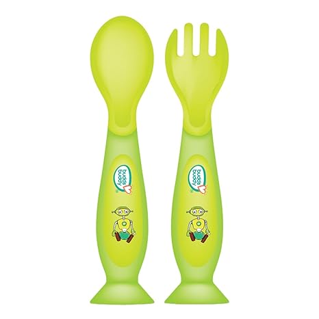 Buddsbuddy BB7082 Premium Fork and Spoon Set with Suction, 2 Pieces (Green)