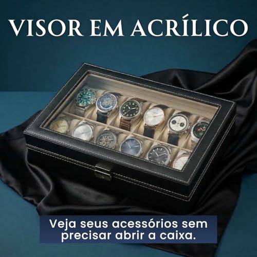 Porta-Relógios Luxo em Couro Sintético, 12 Compartimentos, com Visor Acrílico Transparente, Almofadas Removíveis, 30x20x7 cm