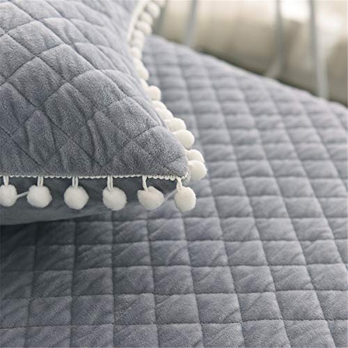 MooWoo Velvet Flannel Pillowcases,2 PC Pom Poms Fringe Pillow Shams Diamond Quilted Pattern, Zipper Closure (Gray, Standard 20X30 Inches)