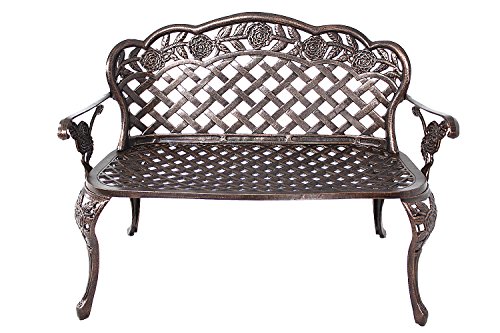HOMEFUN Aluminum Outdoor Bench, Garden Benches Park Patio Front Porch Loveseat Furniture, Rose Carving Antique Bronze - Thumbnail 7