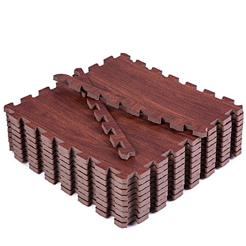 Eva Foam Floor Mat, Superjare 9 Tiles (9 tiles = 9 sq.ft) Interlocking Flooring Tiles, with Borders Dark Wood Grain