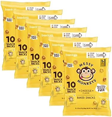 Messy Monkeys Cheese Flavored Whole Grain Bites - BULK CASE of 6 bags (Each with 10 Individual Single Serving 0.5oz Bags, 60 total)