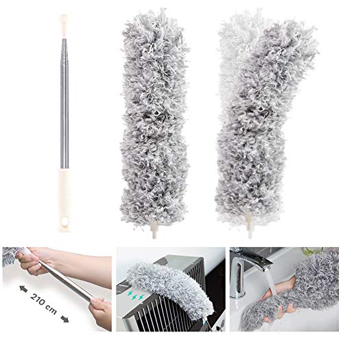HAKACC Staubwedel Teleskop, Mikrofasern Staubwischer 2 Graue Mikrofaserköpfe mit 1 Edelstahl Teleskopstange Staubdesen Entfernt Staub Spinnweben Extra Lang 78.8-210 cm