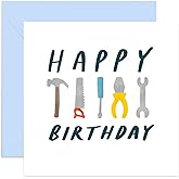 Old English Co. DIY Tools Happy Birthday Card for Him - Illustrated Hammer Saw Screwdriver Card for Dad, Brother, Son, Grandad | Fun Birthday Card for Men | Blank Inside & Envelope Included
