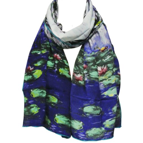 Wrapables Luxurious 100% Charmeuse Silk Long Scarf with Hand Rolled Edges, Claude Monet Nympheas