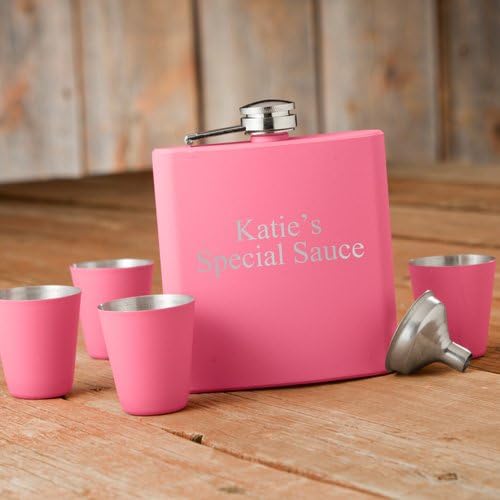 Tower Trading Company GC1245 Personalized Matte Pink Flask &amp; Shot Glass Gift Box Set