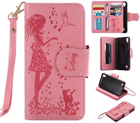 Xpower Case,MOONESS Premium PU Leather Flip[9 Card Slots]Magnetic Closure Wallet Case Cover with Wrist Strap &amp; Hidden Makeup Mirror for LG Xpower(Pink)
