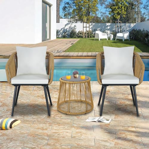 YIYAN 3 Piece Patio Bistro Set, Wicker Outdoor Patio Set with Enhanced Comfort Seating, Round Glass Top Coffee Side Table, Patio Rattan Conversation Set for Balcony, Lawn, Garden, Backyard (White)