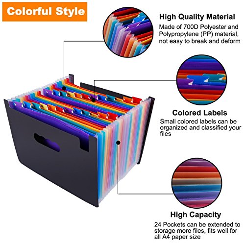 24 Pockets High Capacity Multicolour Accordian File Organizer Portable Stand Expandable Business Accordian Folders Plastic A4 Letter Size Expanding File Folder