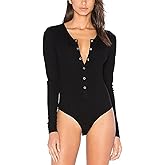 Women Henley Ribbed Long Sleeve Bodysuits Fitness Yoga Shirt Button Down Casual Tops