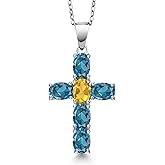 Gem Stone King 925 Sterling Silver London Blue Topaz and Yellow Citrine Cross Pendant Necklace for Women | 3.45 Cttw | Gemstone November Birthstone | Oval 6X4MM | With 18 Inch Chain