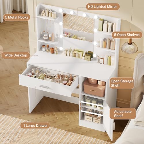 TEENFON Vanity Desk with Mirror and Lights, Makeup Vanity with Large Drawer, 4 Shelves and 5 Jewel Hooks, Dressing Table with Cabinet & Open Compartment for Bedroom, White