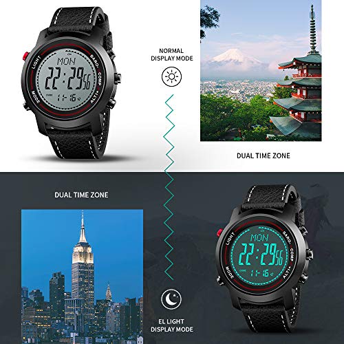 Men Digital Sports Watches with Compass Pedometer Altimeter Barometer Military Waterproof Wristwatch with Leather Band