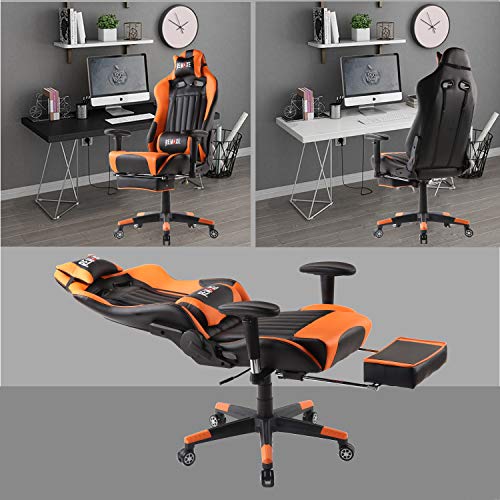 Sedia-da-Gioco-Ergonomica-e-Girevole-per-Computer-di-Randi-Dimensioni-con-poggiapiedi-a-Scomparsa-poggiatesta-e-Cuscino-massaggiante-Lombare-Realizzata-in-Pelle-PU-Colore-Disponibile-Orange