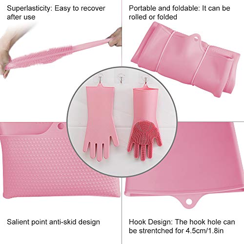 HOMCA Magic Silicone Gloves with Wash Scrubber, Magic Saksak Rubber Gloves Heat Resistant Reusable Silicone Gloves for Cleaning, Household, Dish Washing, Kitchen (13.6" Large,1 Pair,Pink)