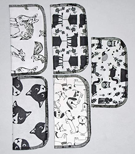 1 Ply Printed Flannel Washable Black and White Animal Set Napkins 8x8 inches 5 Pack - Little Wipes (R) Flannel