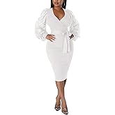 BOGURST Semi Formal Church Dresses for Women Bishop Sleeve Sexy V Neck Bodycon Midi Dresses