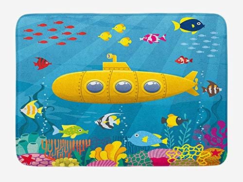 ZKHTO Yellow Submarine Bath Mat, Coral Reef with Colorful Fish Ocean Life Marine Creatures Tropic Kid, Plush Bathroom Decor Mat with Non Slip Backing, 23.6 W X 15.7 W Inches, Blue Yellow Pink