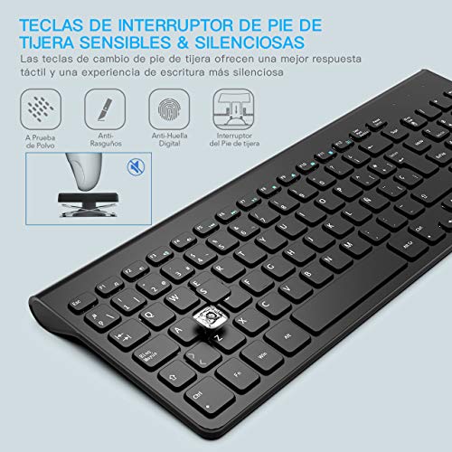 WisFox Packs de Teclado y Ratón Inalámbrico, 2.4GHz Slim Combo de Teclado y Ratón Inalámbrico Avanzado Tamaño Completo con Receptor USB Nano para Computadora Portátil, PC, QWERTY Español