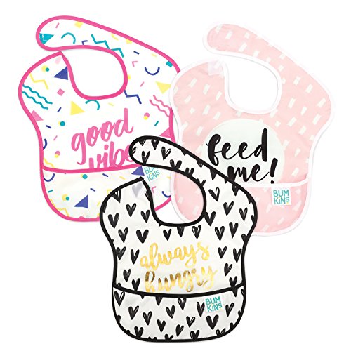 Bumkins SuperBib, Baby Bib, Waterproof, Washable, Stain and Odor Resistant, 6-24 Months, 3-Pack - Always Hungry, Feed Me, Good Vibes