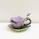 Minigift Ceramic Tea Cup and Saucer Set ,6OZ 3D Hand-Painted Flower and Lotus Leaf Coffee Mug,Gift for Women- Pinkish Purple Rose