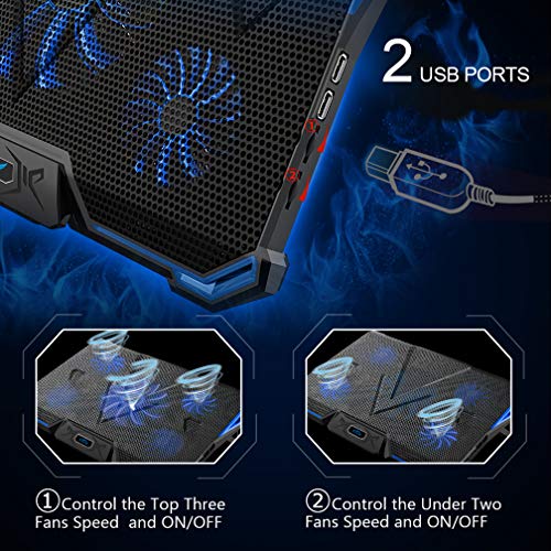 Carantee Laptop Cooling Pad 5 Quite Fans Notebook Cooler Pad USB Powered, Blue LED Light, 7 Level Adjustable Mount Stands (Blue) - Thumbnail 2