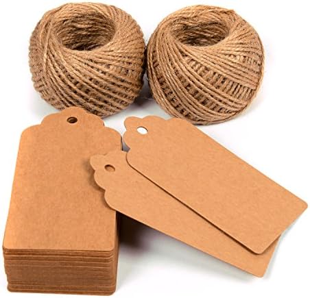 Oldhill Pack of 100 Blank Kraft Paper Gift Tags with Natural Jute Twines 200 Feet (Brown)